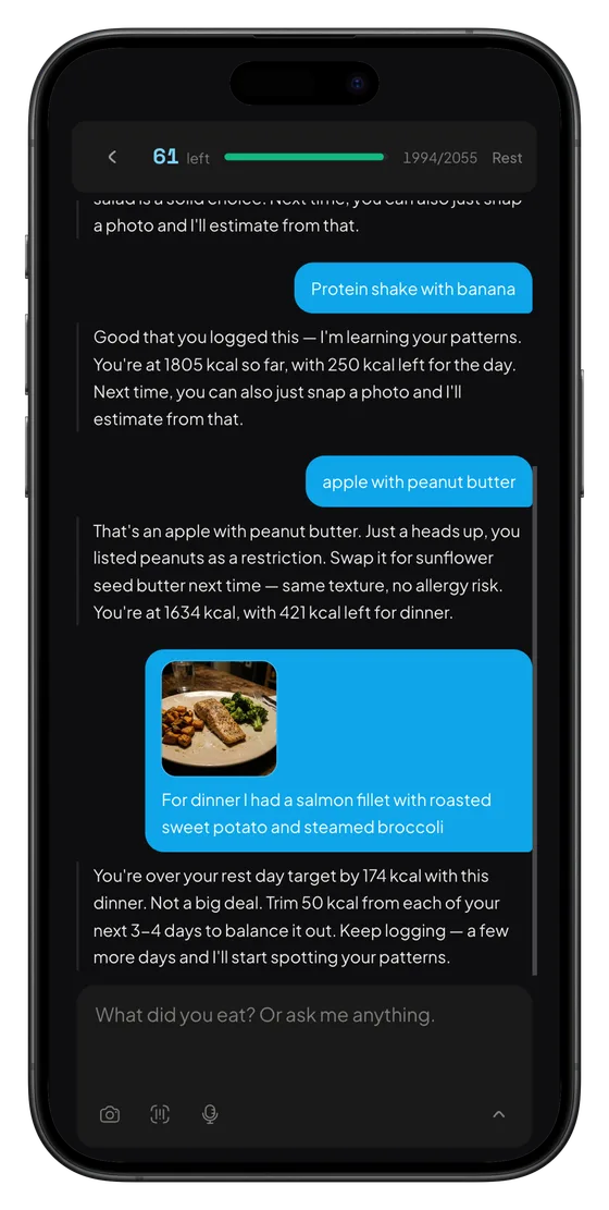 Kexo chat — log food by texting, photos, or voice